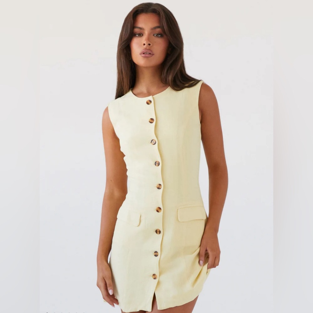 Peppermayo Pale Yellow Button Front Mini Dress